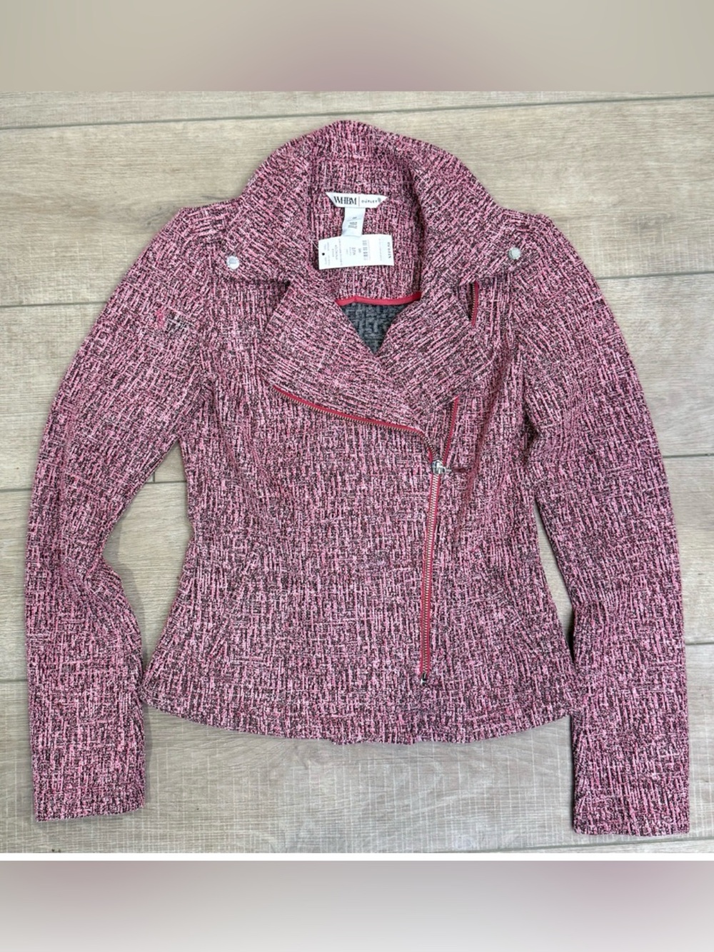 NWT WHITE HOUSE BLACK MARKET WHBM CARMINE PINK BOUCLE MOTO BLAZER JACKET SZ 00